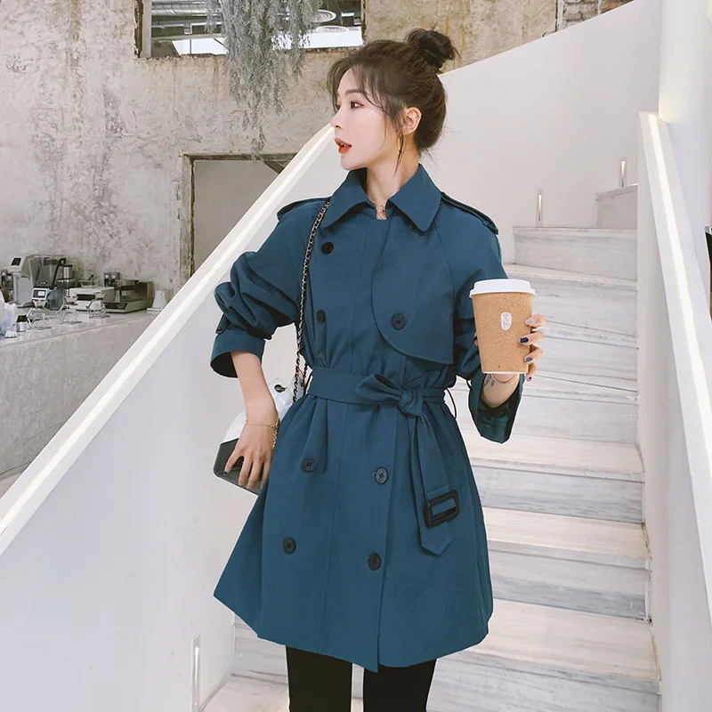 

Темно-зеленая ткань, новинка весны 2021, Свободное Пальто средней длины в Корейском стиле, короткая куртка в британском стиле, Женская куртка