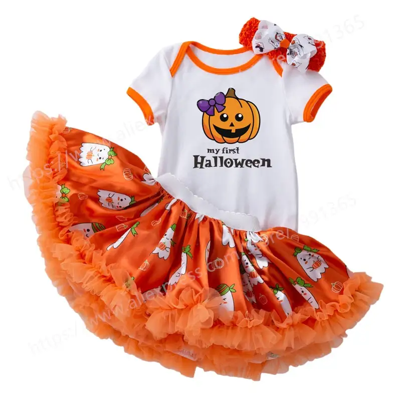 

Baby Girls Dress 1st Halloween Outfits Short Sleeve Romper +Tulle Tutu Dress+Headband Skirt Set