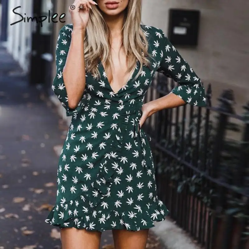 Simplee повседневное женское платье с принтом листьев шифоновое летнее рукавами