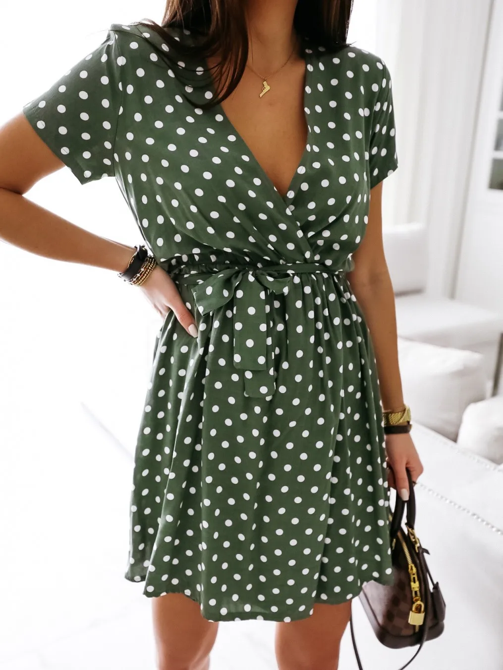 Womens Summer Fashion Mini Dress Short Sleeve V-Neck Ladies Polka Dot Dreeses Split Vestidos For Femela Boho Beach Holiday | Женская