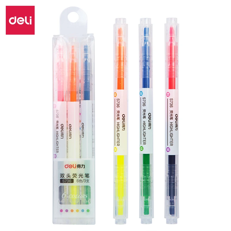 

Deli s736 double head two color fluorescent pen Kawaii Marker Pen Highlighter Light Color Soft Tip Highlighter Diy Photo Album