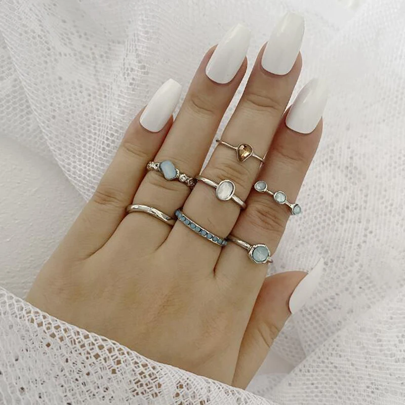 

2021 New 7pcs/set Vintage Colorful Stone Metallic Chain Trendy Geometry Hit Rings Set For Women Girls Fashion Jewelry M6271