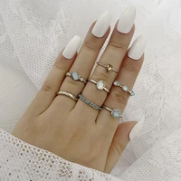 2021 new 7pcsset vintage colorful stone metallic chain trendy geometry hit rings set for women girls fashion jewelry m6271