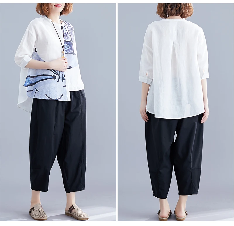 

Plus Size Summer 2piece Set Women Asymmetrical Irregular Shirt+ Loose Pants Two-piece Clothes Fashion Printed Stand Collar Suits