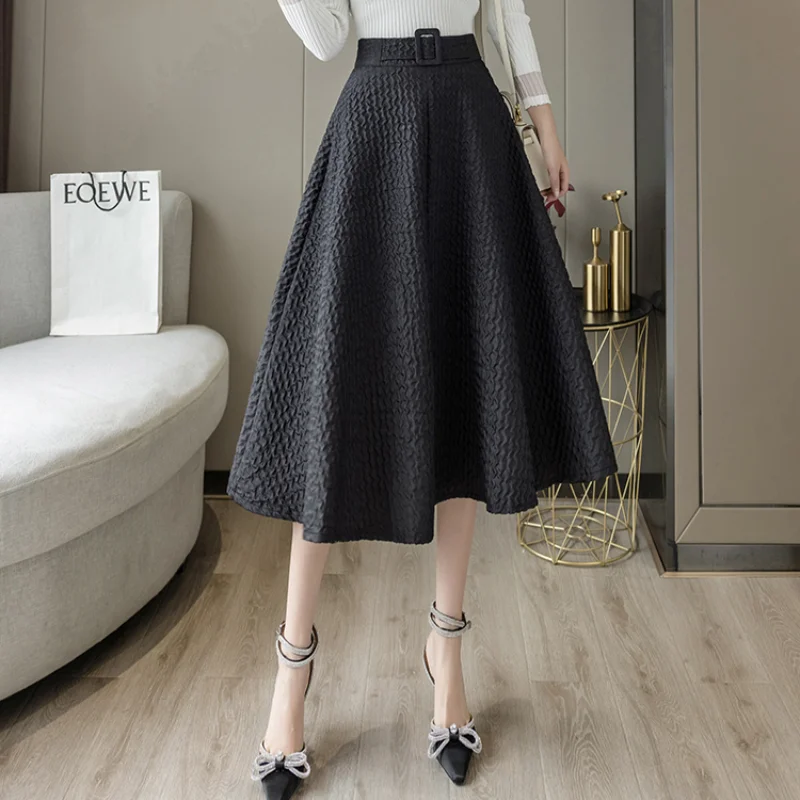 

2021 Autumn New Women Mid-length Skirt Vintage High Waist A-line Umbrella Skirt Office Ladies Elegant Winter Long Skirts