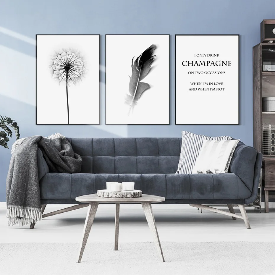 

Black and White Minimalist Dandelion Feather Letter Canvas Painting Poster Wall Art Canvas Print Bedroom Living Room Home Decora