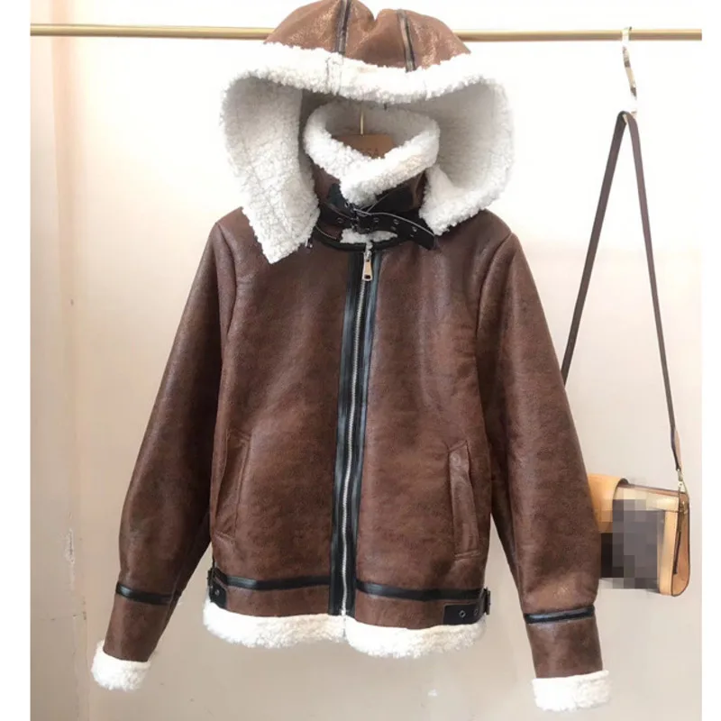 

women faux lamb wool fur leather hooded jacket winter warm thickness brown punk pu jackets outwear fur coats