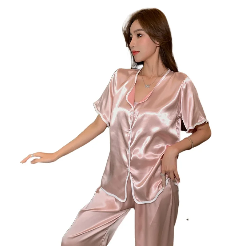 Spring Summer 2021 Women's Pajamas Suit Fashion Ice Silk Short V-Neck Nightgown Home Clothes Female Sleepwear Sleeping Wear