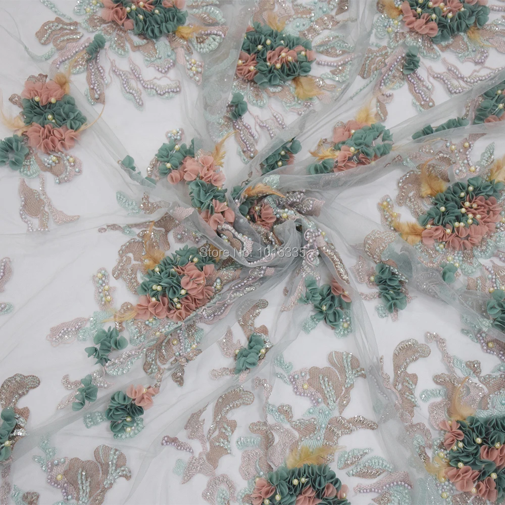 

2019 New arrive 3d flower lace embroidered fabric with pearls HY1055-1