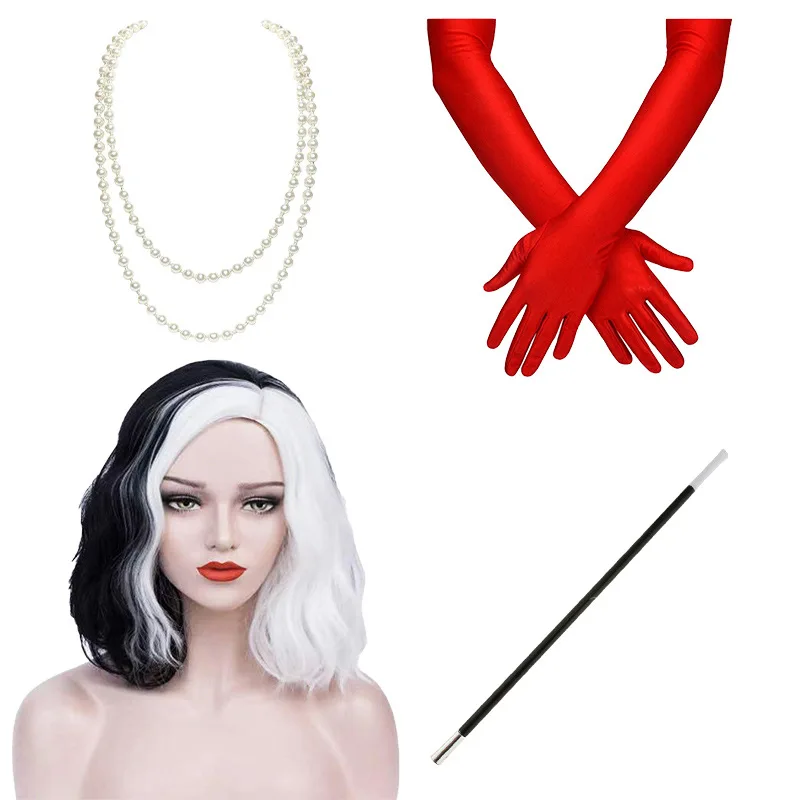 

Movie Cruella De Vil Cosplay Props Gloves Wig Cigarette Stick Necklace Accessories Sets Women Girls Halloween Carnival Party