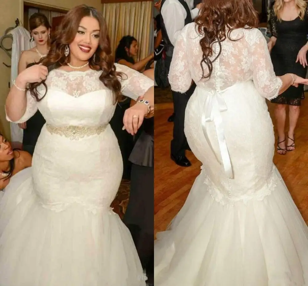 

Plus Size Mermaid African Wedding Dresses Half Sleeves Lace Top Bride Dress Buttons Back Tulle Wedding Gowns Custom Vestidos