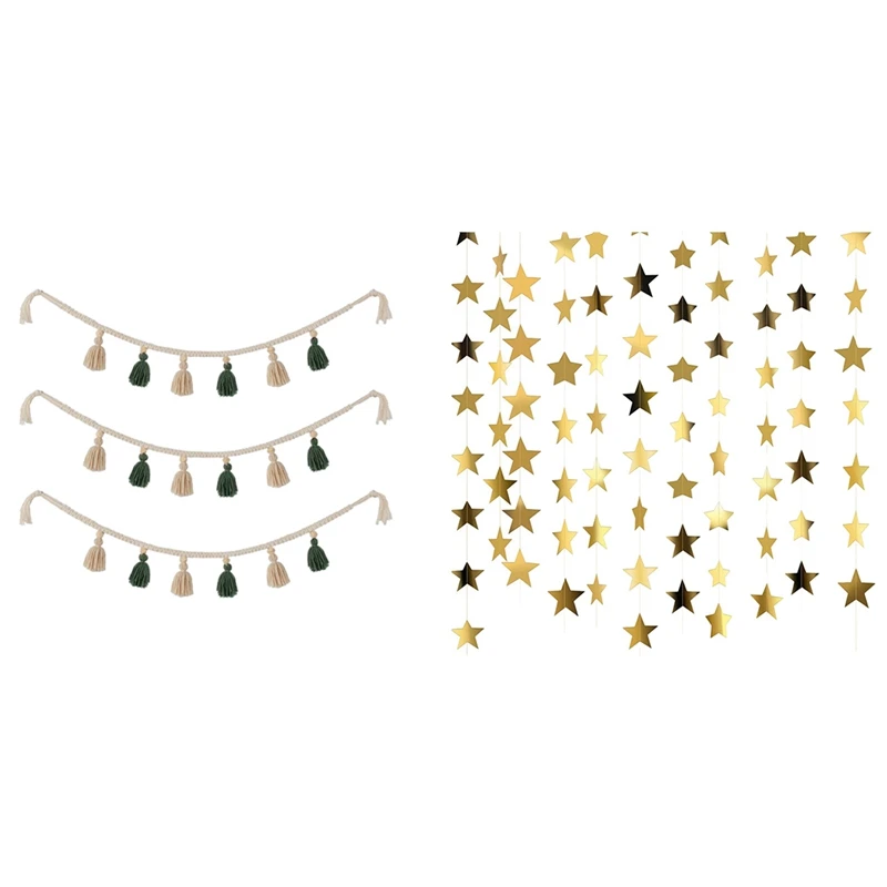 

3 Pcs Bohemian Macrame Woven Cotton Tassel Garland & 1 Pcs 105 Ft Glitter Star Paper Garland Banner