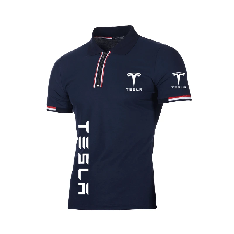 

New Men's polo shirt Tesla car Logo Printing summer Solid color Striped High Quality Splicing Cotton Men's short sleeve tops