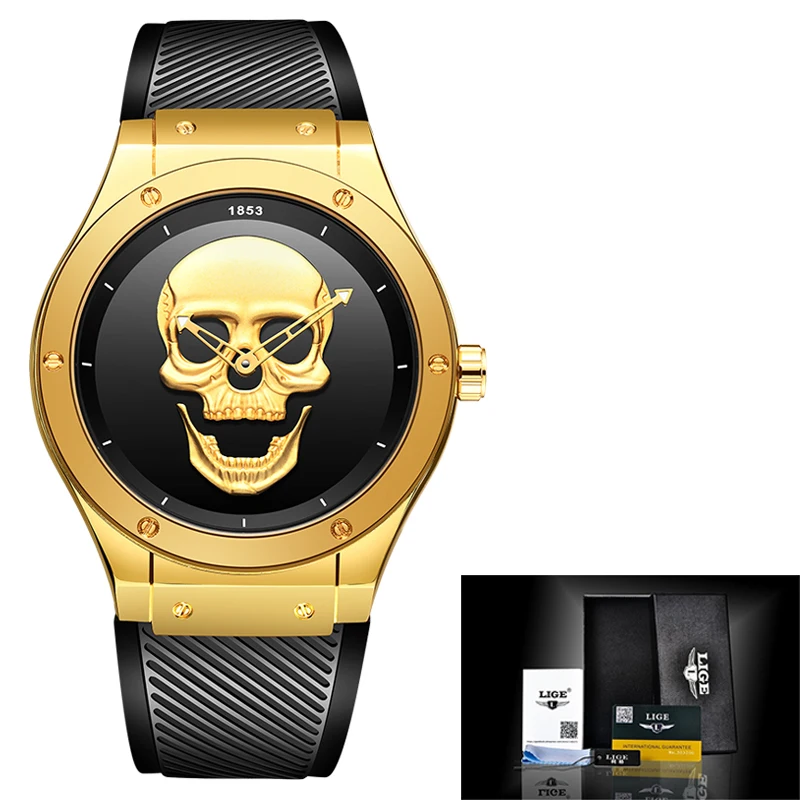 

2019 Skull Watches Male Unique Design Men Watch LIGE Luxury Brand Sports Quartz Military Steel Wrist Watch Men relogio masculino