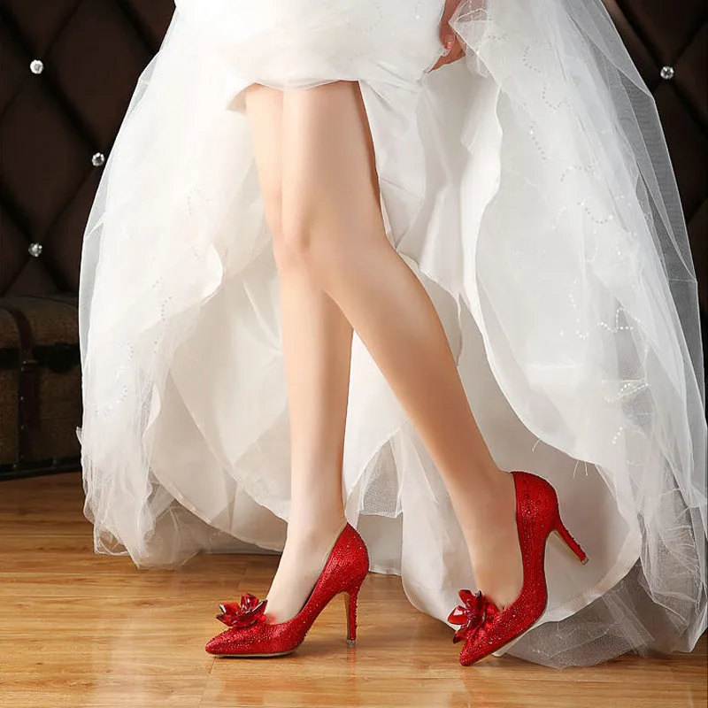 Женская свадебная обувь на шпильке красные/Серебристые туфли с