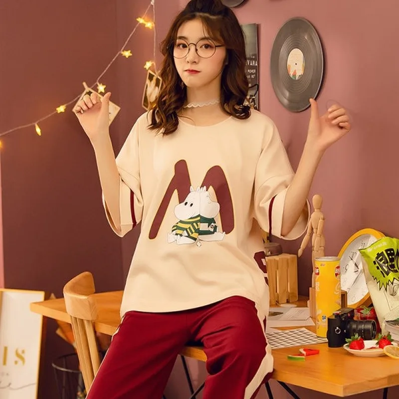 

Summer Women Short Sleeve Cartoon Hippo Print Pajamas Set Lovers O Neck Home Sleepwear 2 Piece Suit Couple Cotton Pyjamas Set