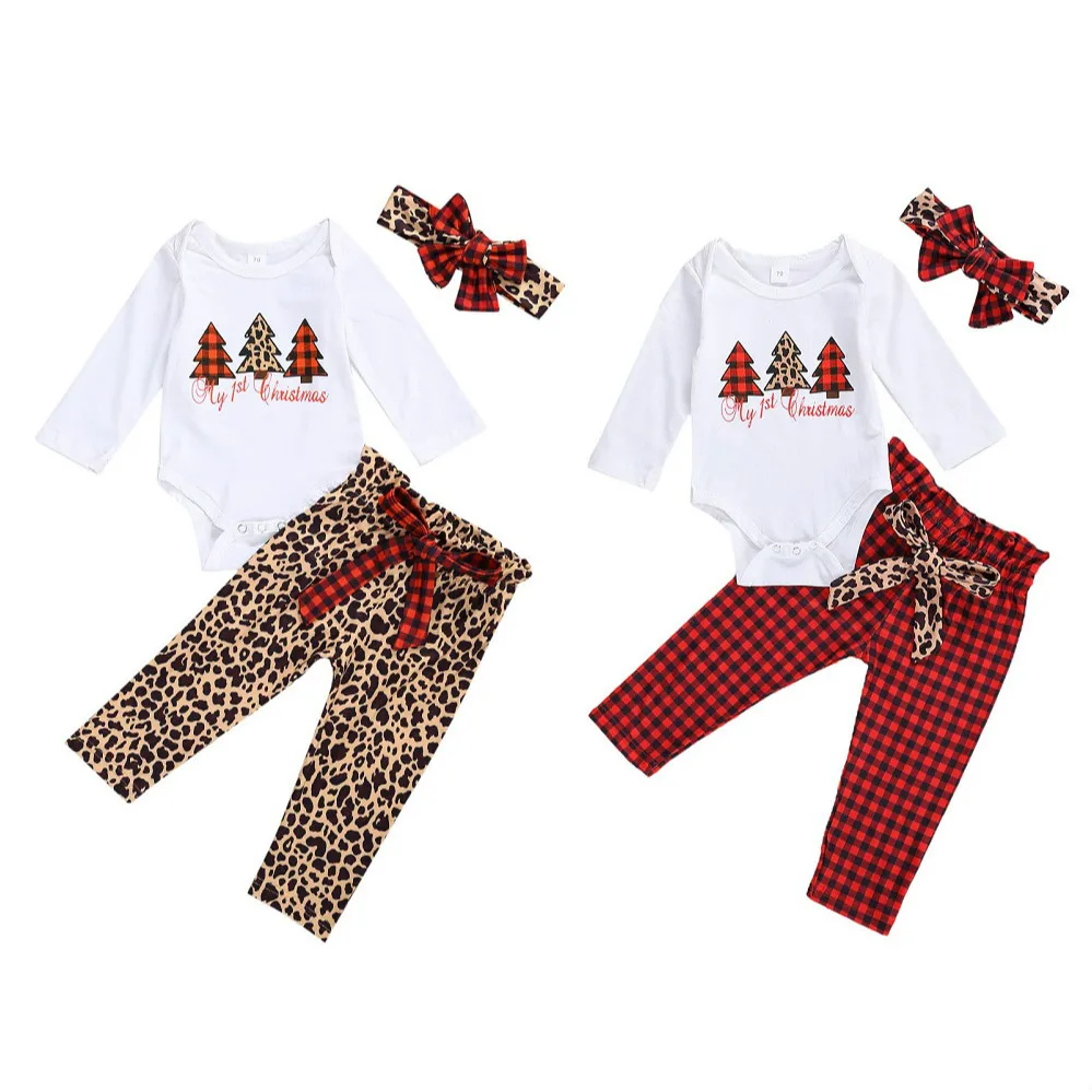 

Christmas Newborn Baby Girl Clothes Set Long Sleeve Christmas Tree Print Romper+ Bow Pants+ Headband 3Pcs