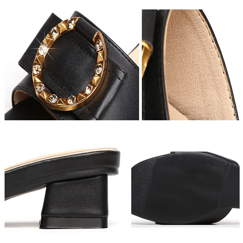

PU Leather Shallow Metal Decoration Rhinestone Women Slippers Fashion Non-Slip Square Heel Peep Toe Sandals Designer Slides