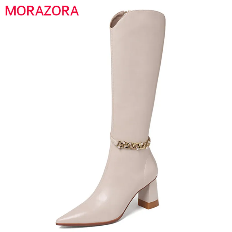 

MORAZORA 2022 Hot Sale Knee High Boots Women High Heels Genuine Leather Shoes chain Pointed Toe Western Boots Women Black