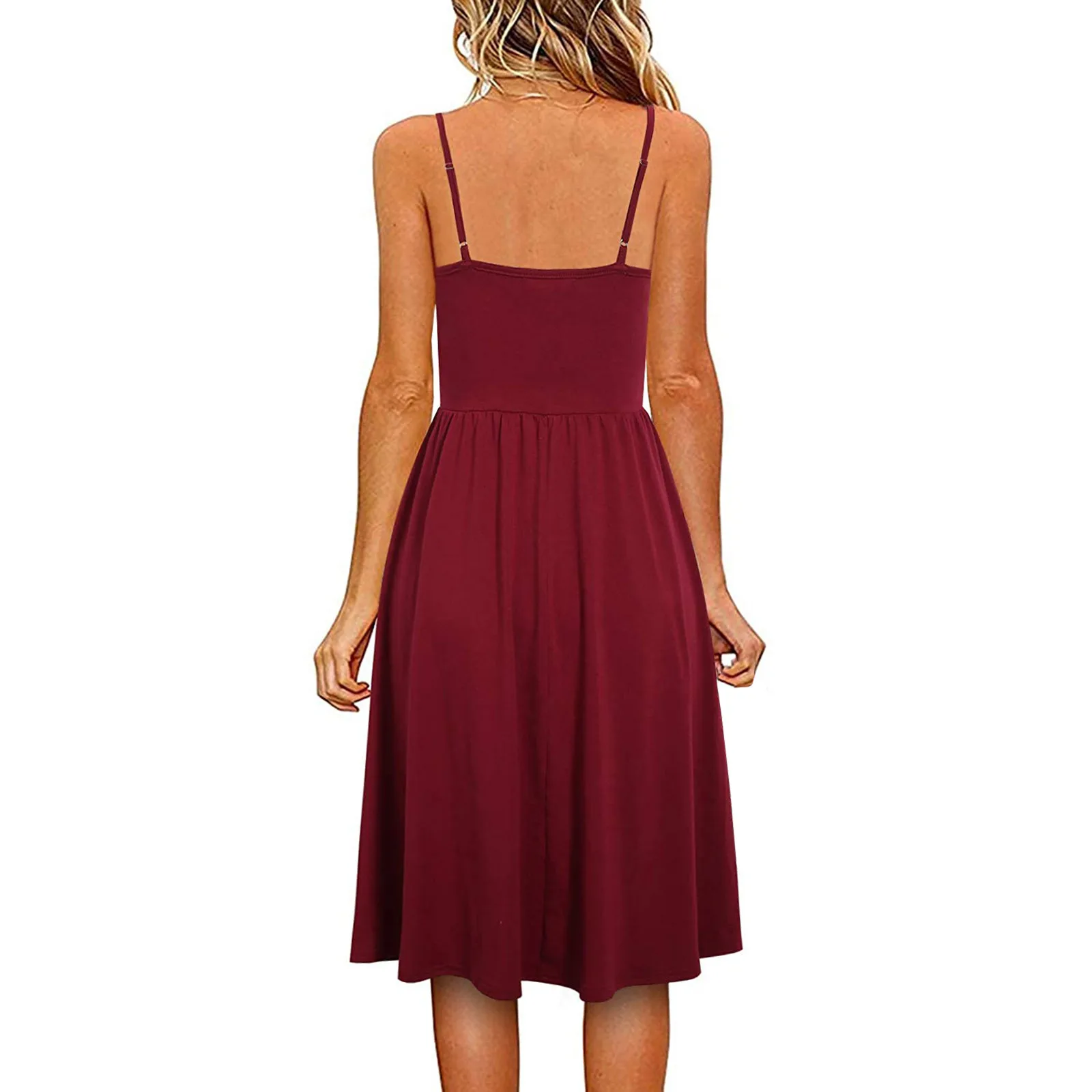 

New Women's Dress Summer Casual V-neck Solid Color Lace-up Sling Temperament Knee-length Dress Female Party Dress#35