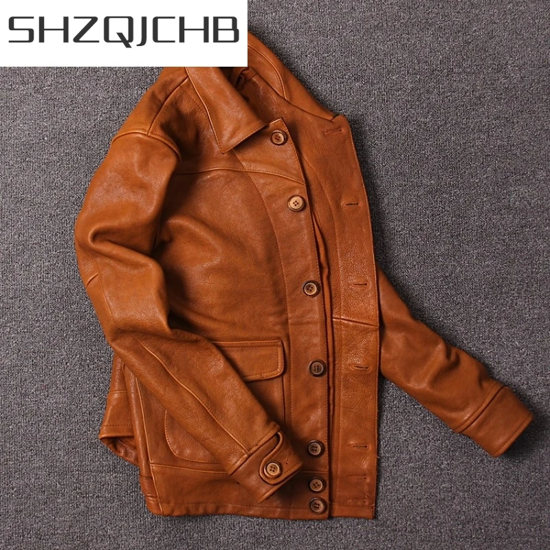 

JCHB 2021 Men Vintage Black Genuine Cow Leather Jacket Lapel Fashion Slim Fit Real Leather 100% Cowhide Jackets Male Motorcycle