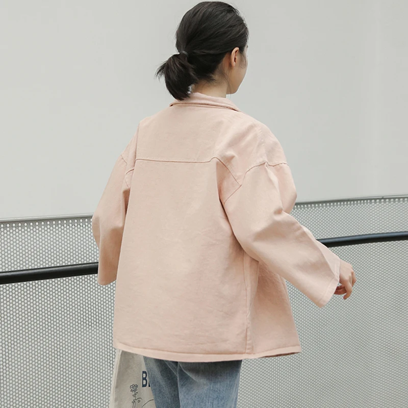 

HiloRill Boyfriend Style Loose Denim Jacket Women Long Sleeve Harajuku Streetwear Coat Solid Turn Down Collar Pockets Outwear