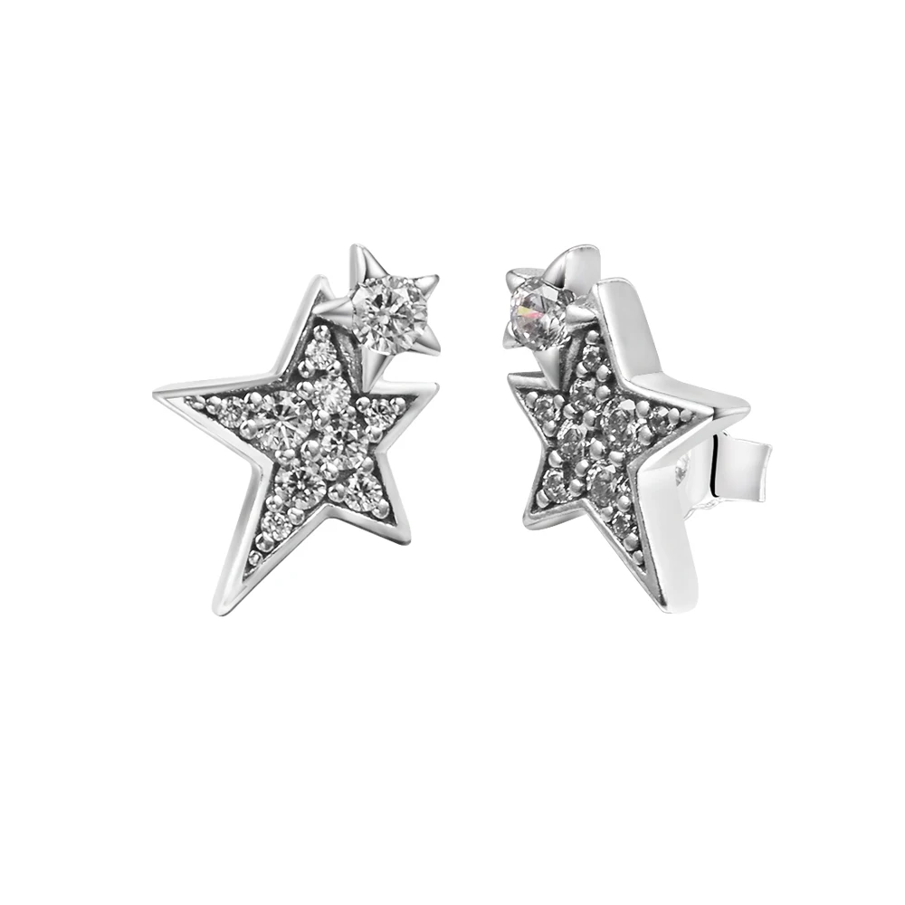 

2021 New Sparkling Asymmetric Stars Stud Earrings 100% 925 Sterling Silver Jewelry for Women Bijoux Brincos Free Shipping