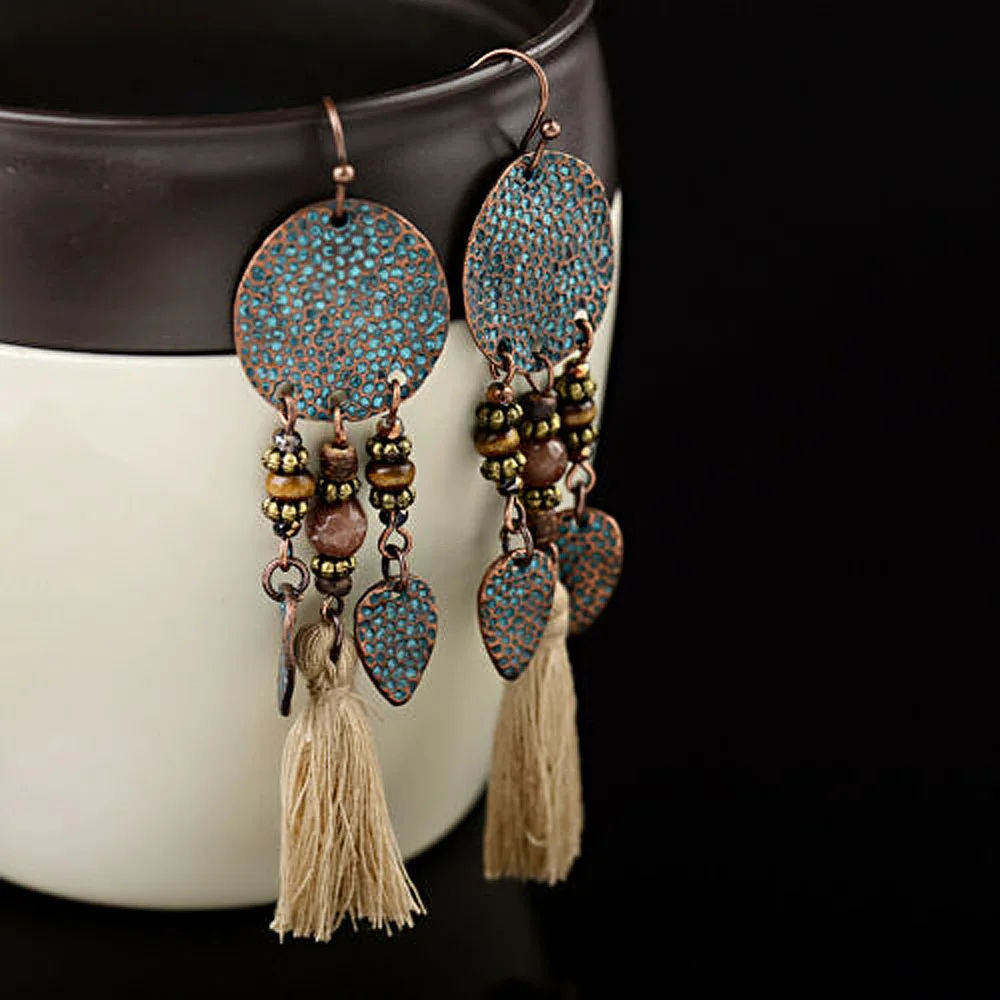 Этнические винтажные богемные серьги подвески с листьями сердцами и деревянными