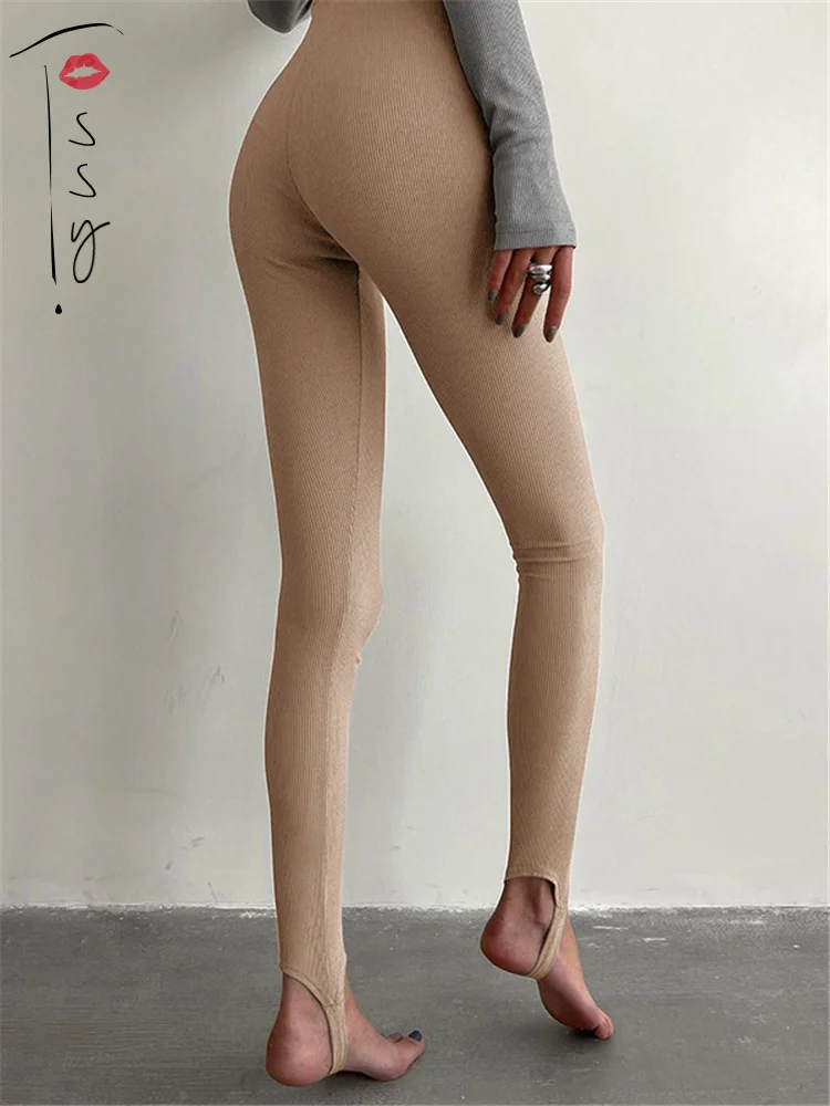 

Tossy Ribbed Knit Leggings For Women Beige High Waist Cotton Fitness Basic Pants 2022 Spring All-Match Stretch Skinny Leggings