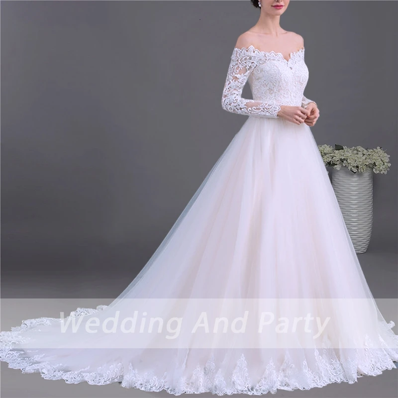 

Bridal Wedding Dress long sleeve off shoulder wedding Dress A line White
