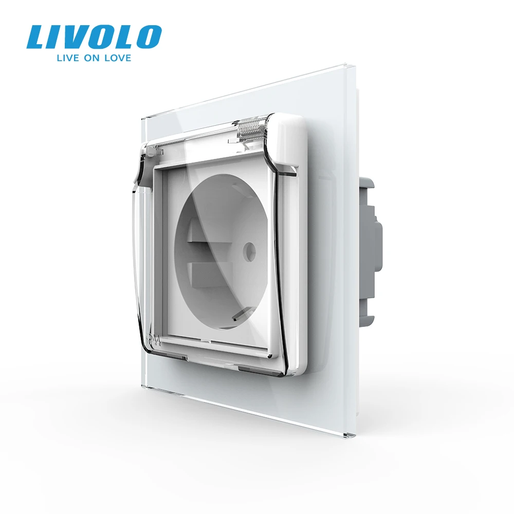 

NEW Livolo EU Standard Power Socket, White Glass Panel, AC 110~250V 16A Wall Power Socket with Waterproof Cover C7C1EUWF-11