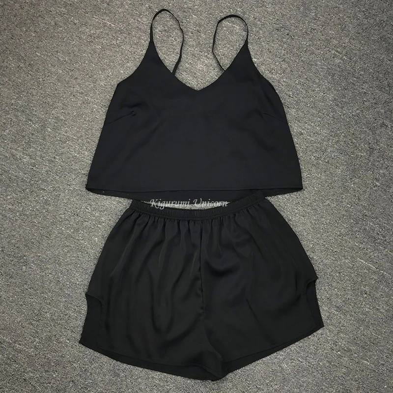 

FAKUNTN Women Sleep Wear Sexy Lingerie Satin Lace V-Neck Camisole Shorts Set Sleepwear Pajamas Women Sexy Clothes Black Solid