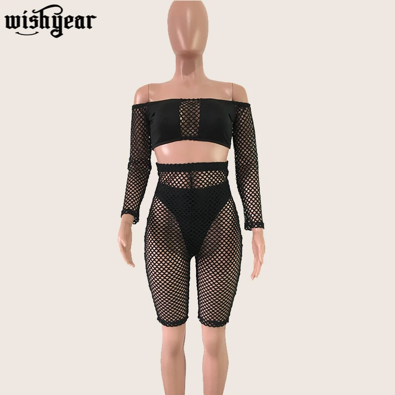 Ажурный сетчатый сексуальный комплект из двух предметов с открытыми плечами