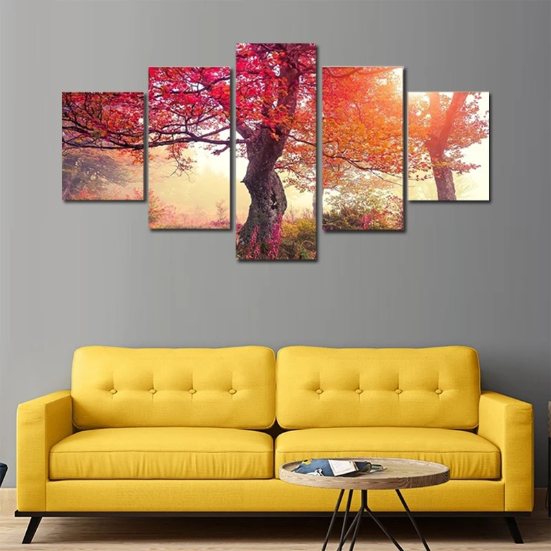 5 панелей Фиолетовый Красный клены пейзаж на холсте живопись настенные украшения