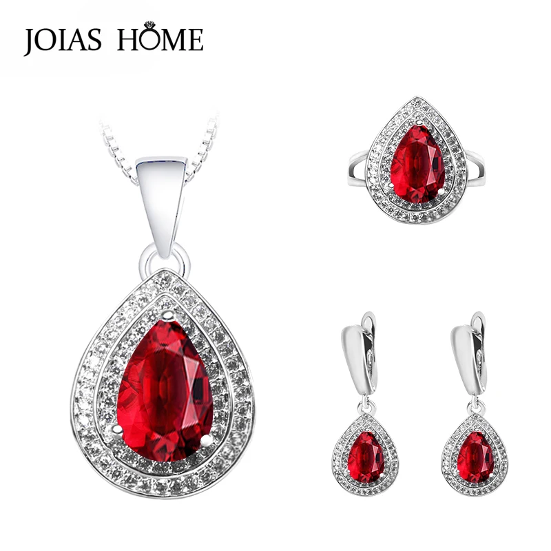 

Ювелирные изделия JoiasHome из стерлингового серебра 925 пробы для женщин, кольцо, серьги, ожерелье, свадьба, в форме капли воды, искусственные кам...