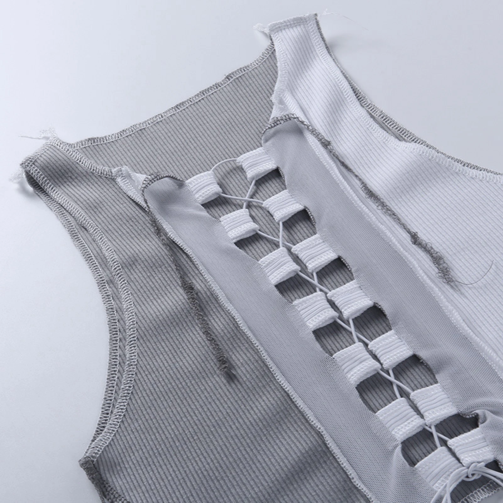 

Sexy Women Sleeveless Hollow Out Lace-up Crop Top Sheer Patchwork Vest Camisole Vest Or Sleeves