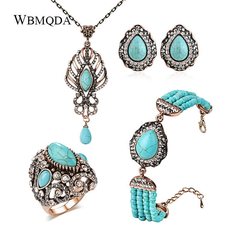 

Kinel Luxury Blue Stone Vintage Wedding Jewelry Stes Fashion Gold Antique Rings Earring Bracelet Necklace For Women Crystal Gift