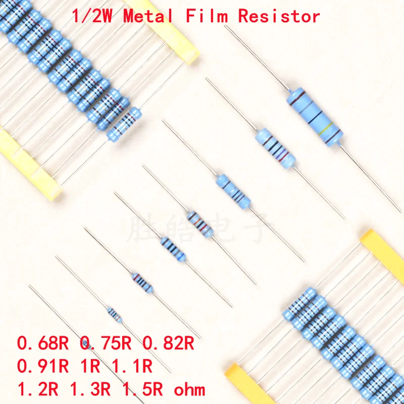 

50pcs 1/2W Metal Film Resistor 1% 0.68R 0.75R 0.82R 0.91R 1R 1.1R 1.2R 1.3R 1.5R 0.68 0.75 0.82 0.91 1 1.1 1.2 1.3 1.5 Ohm