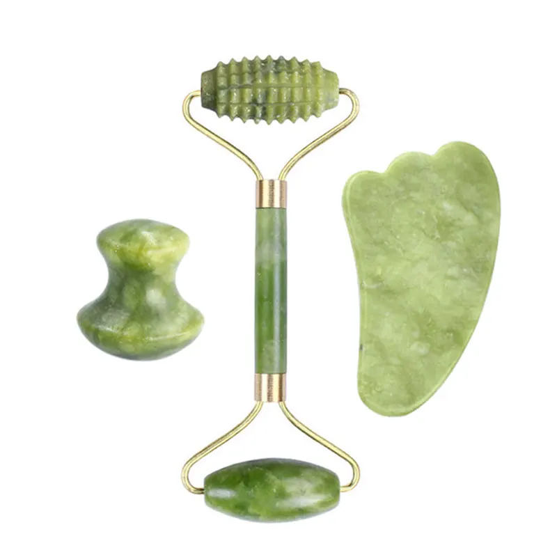 Натуральный нефритовый валик массажер для лица с напылением из гуаша скребок