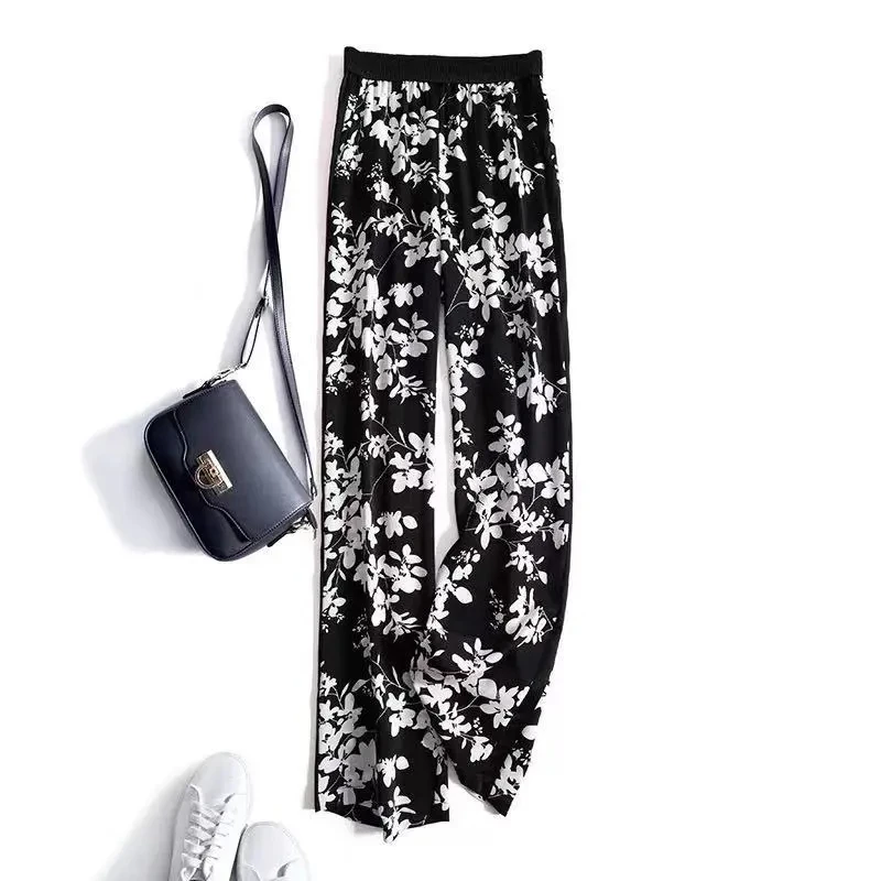 

Breathable thin chiffon floral straight wide leg pants women summer high waist loose drape ice silk printed mopping casual pants