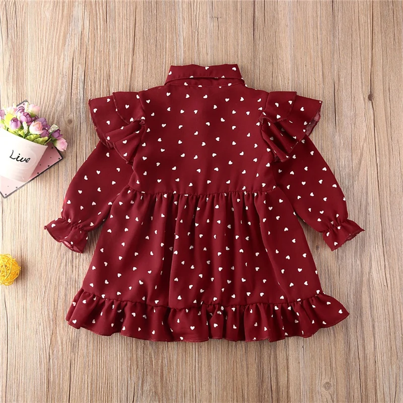 Children Spring Dresses Kids Baby Girls Long Sleeve Heart-shaped Print Cotton Red A-line Dress Summer for | Детская одежда и обувь