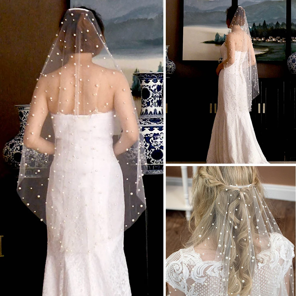 

ZMV01 Роскошные Свадебные вуали один Слои белого цвета и цвета слоновой кости, свадебная фата с жемчужными бусинами, мягкий тюль Фата невесты, ...