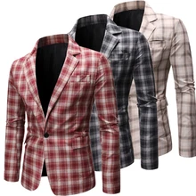 Blazer à carreaux écossais pour homme, veste de costume cintrée à un bouton, de Style américain, à la mode, collection automne 2021  (4)