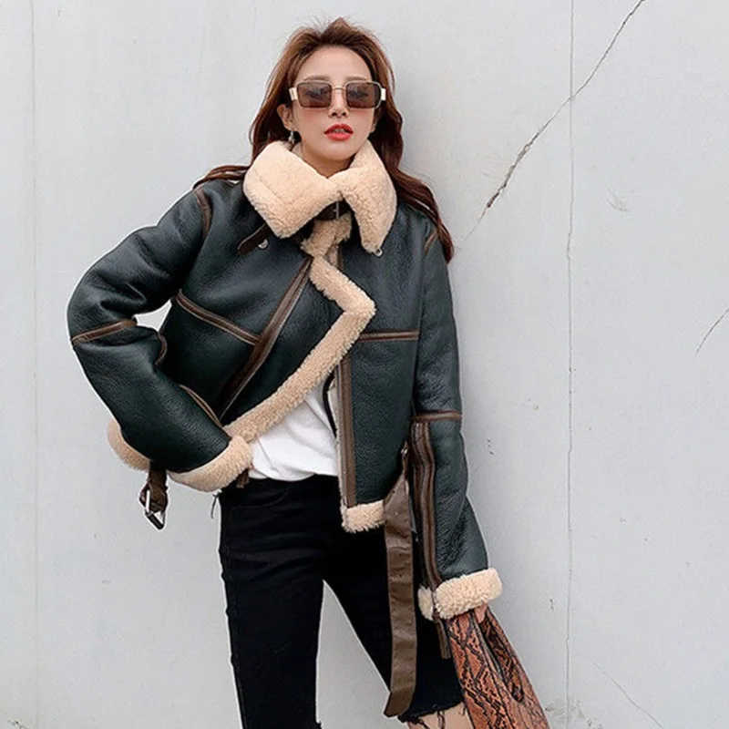 

Women's Winter Warm PU Faux Leather Coat Women Fur Coats Moto Biker Fashion Short Green Jacket Lady Outerwear Thick Fleece