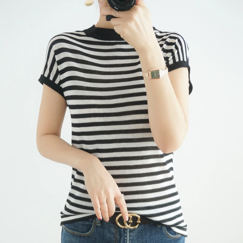 

Lafarvie Ice Silk T Shirt Women 2021 O Neck Short Sleeve Tees Striped Oversized Summer For Tops Clothes Casual Magliette Donna