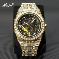 missfox ice out mechanical watches for men luxury gold fully diamond automatic watch hip hop hollow dial tourbillon wristwatch