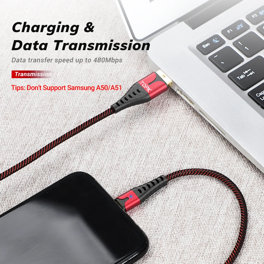 Кабель USB Type C TOPK со светодиодной подсветкой для быстрой зарядки и передачи
