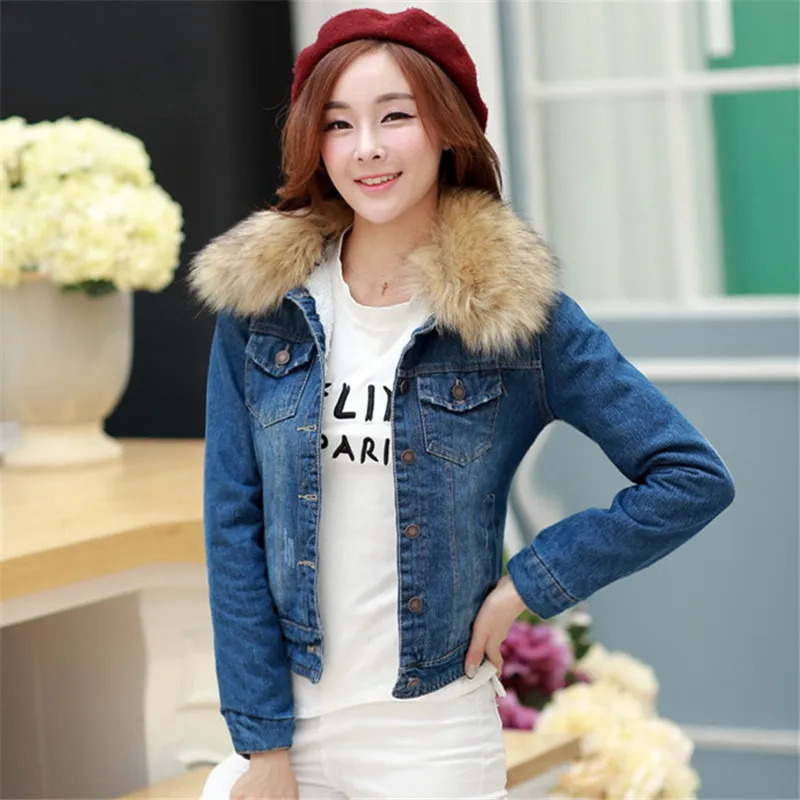 

2020 Autumn Winter Women's Denim Jacket Fur Collar Short Basic Coats Female Plus Size 4XL Jeans Jackets Oversize Outerwear M25
