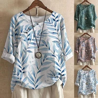 women blouses summer flower printing button cotton and linen top casual o neck short sleeve loose shirt tops blouse 2021