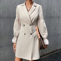 women fashion dress solid color lapel double breasted long sleeve autumn new casual simplicity windbreaker dress western style